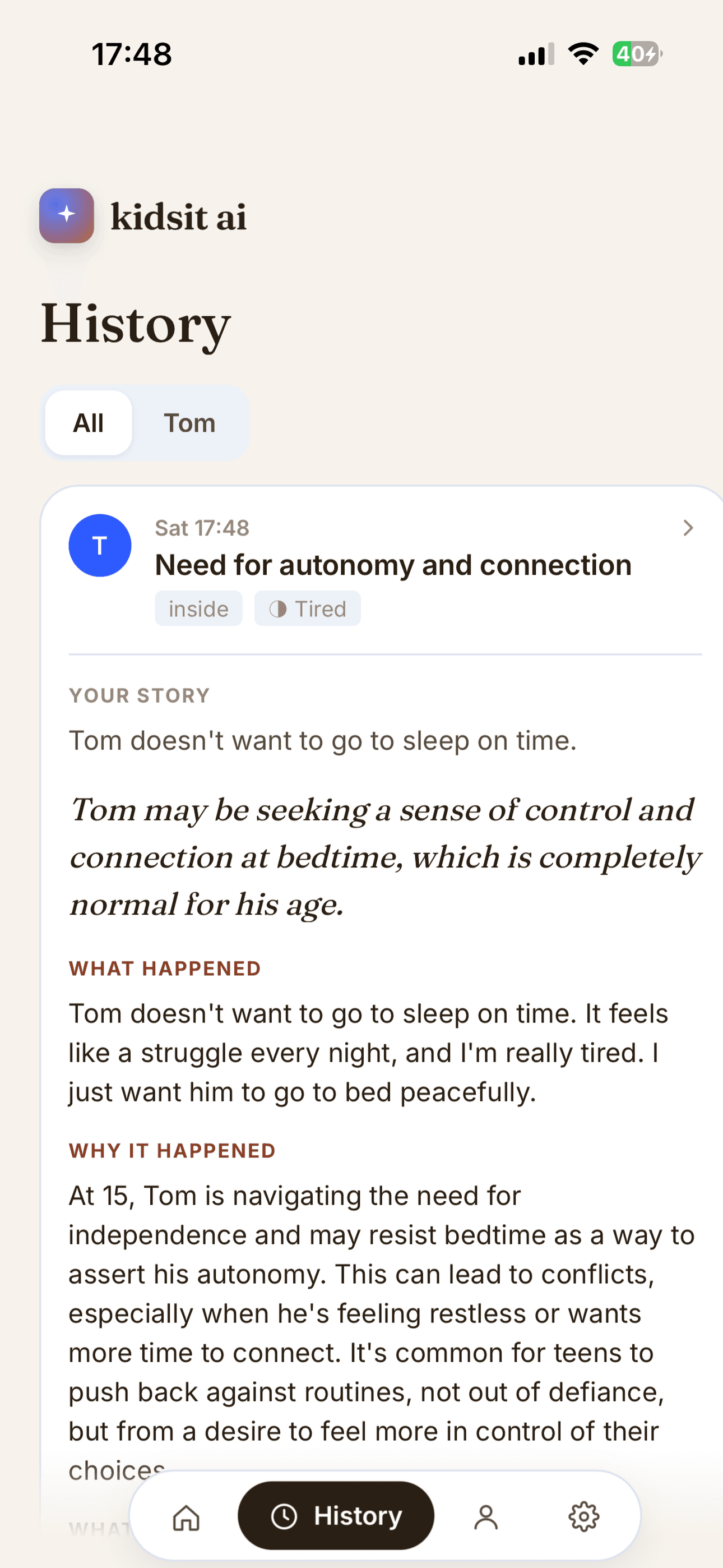 Kidsit AI history screen showing logged moments for a child